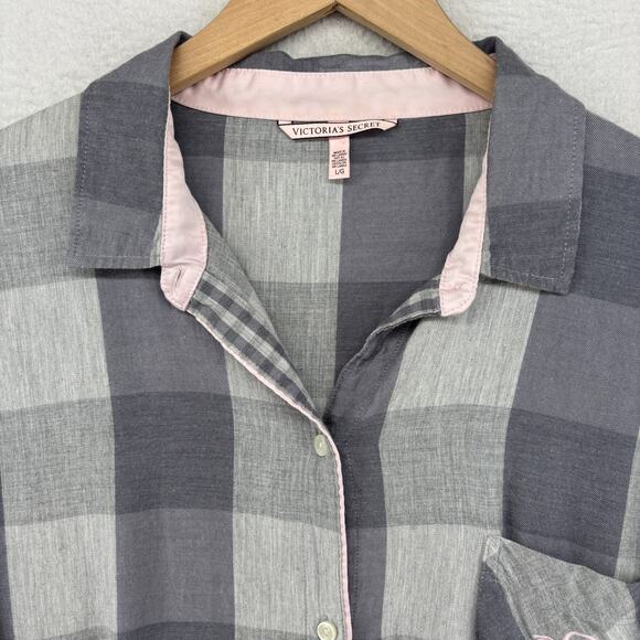 VICTORIAS SECRET Sleepshirt L Check Button Front Long Sleeve PJ Top Gray - Picture 4 of 15